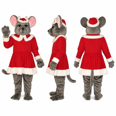 Mouse Mascot Costume in Gray with Red Holiday Dress Adult