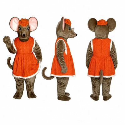 Mouse Mascot Costume in Brown with Orange Dress and Hat Adult
