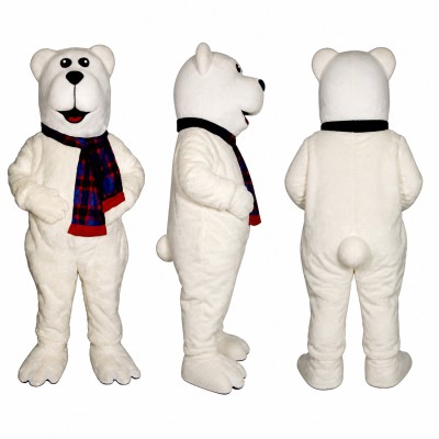 Polar Bear Mascot Costume in White with Plaid Scarf Adult