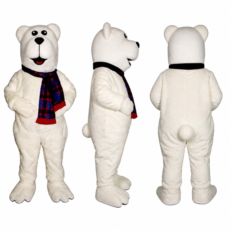 Polar Bear Mascot Costume in White with Plaid Scarf Adult
