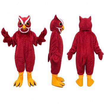 Owl Mascot Costume in Red with Yellow Eyes and Feet Adult