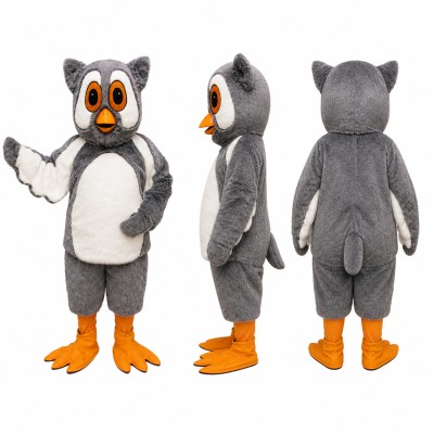Owl Mascot Costume in Gray and White with Orange Feet Adult