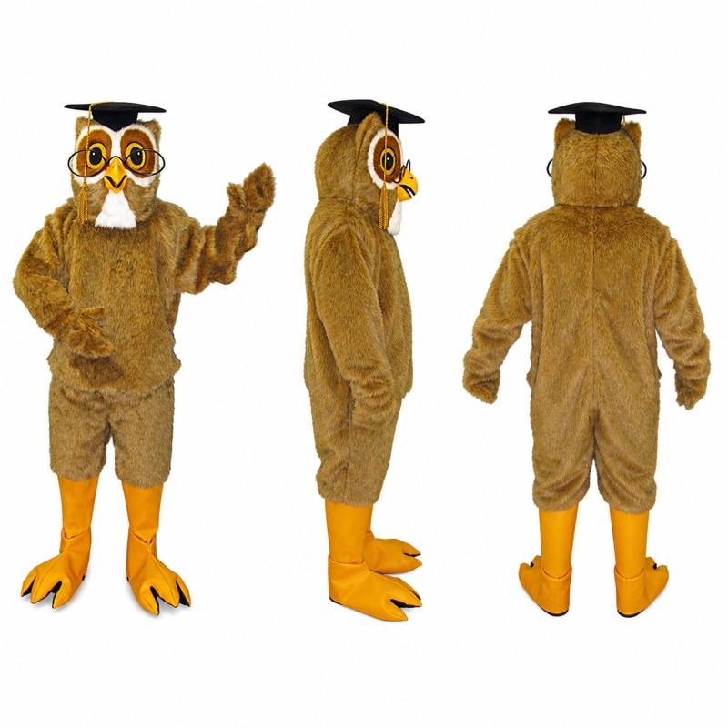 Graduate Owl Mascot Costume in Brown with Mortarboard Adult