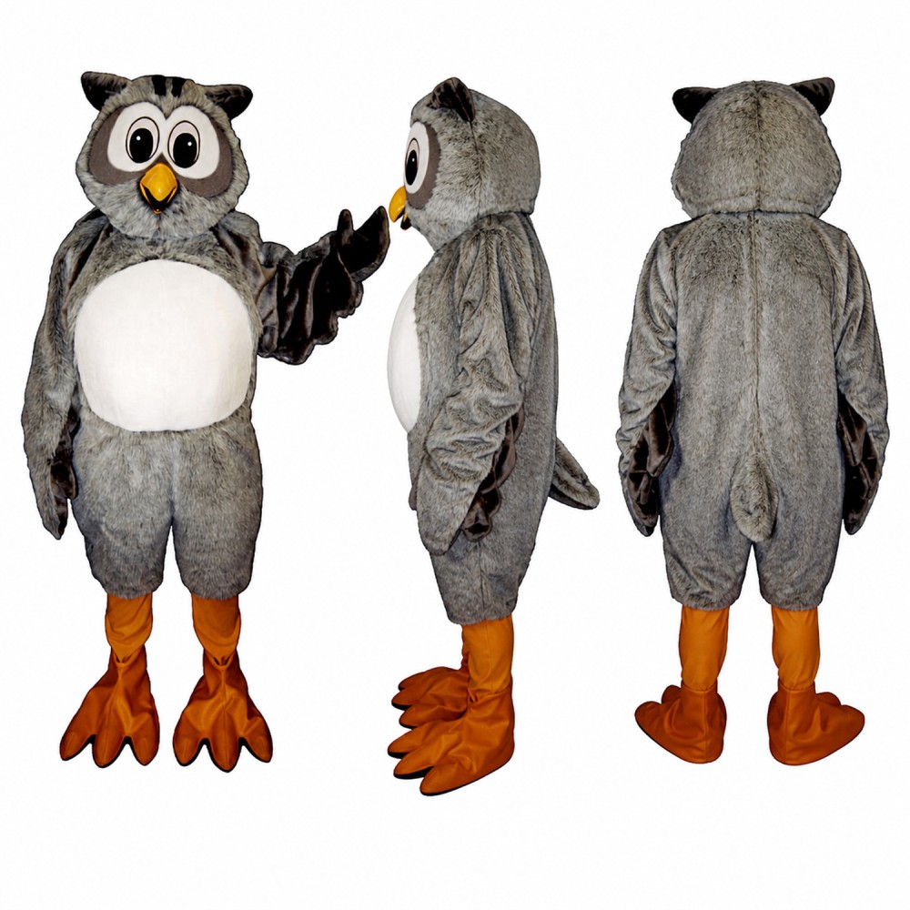 Owl Mascot Costume in Gray and Black with White Belly Adult