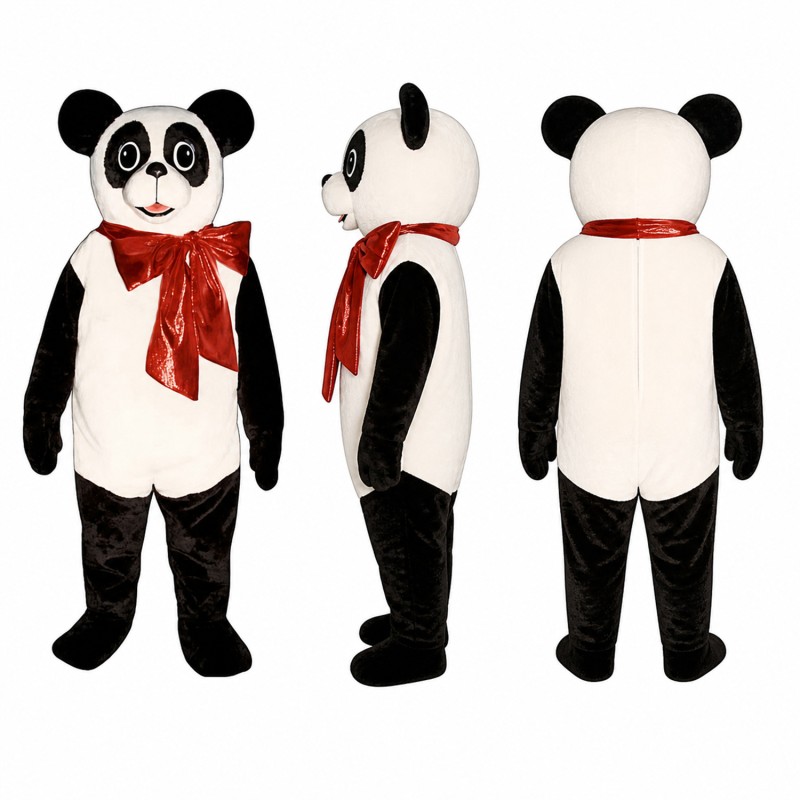 Panda Mascot Costume in Black and White with Red Scarf Adult