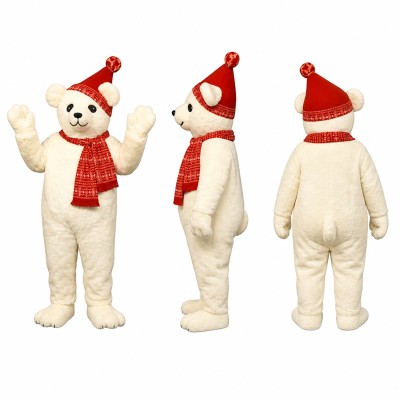 Polar Bear Mascot Costume in White with Santa Hat and Red Scarf Adult