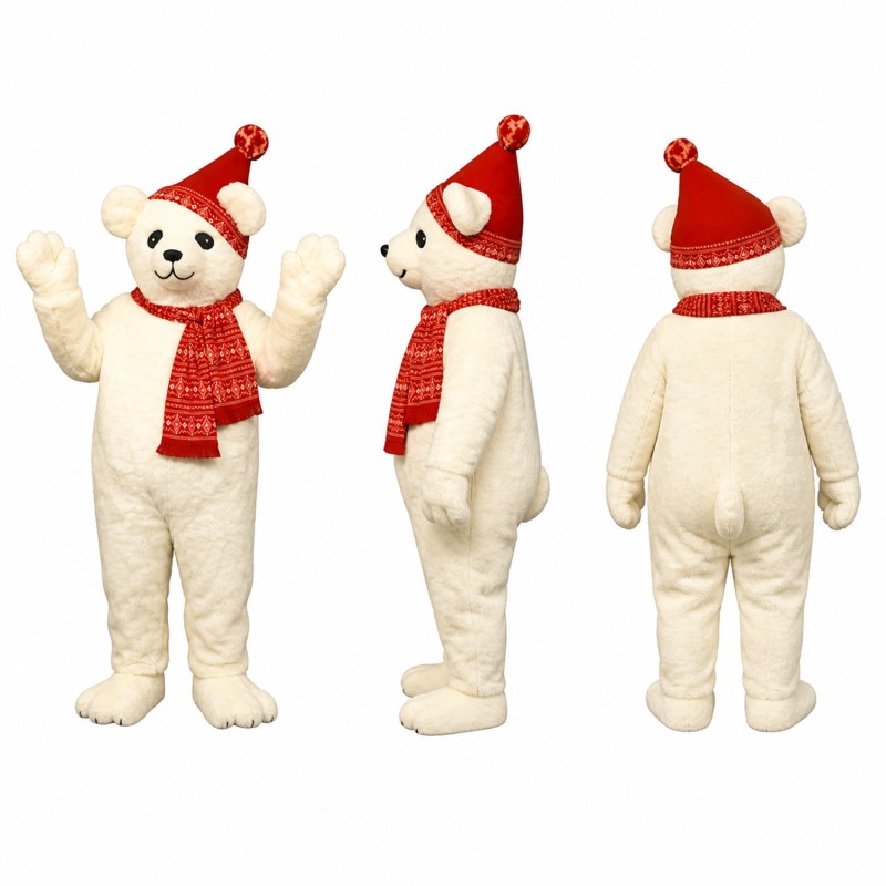 Polar Bear Mascot Costume in White with Santa Hat and Red Scarf Adult