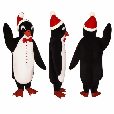 Penguin Mascot Costume in Black and White with Santa Hat Adult