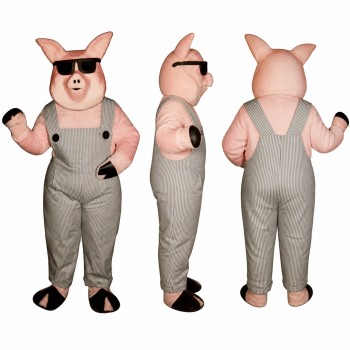 Farmer Pig Mascot Costume in Pink with Gray Overalls and Sunglasses Adult