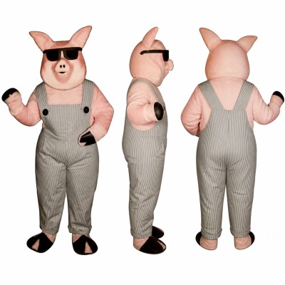 Farmer Pig Mascot Costume in Pink with Gray Overalls and Sunglasses Adult