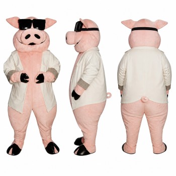 Scientist Pig Mascot Costume in Pink with White Lab Coat and Goggles Adult