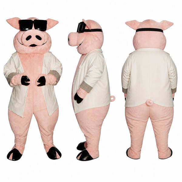 Scientist Pig Mascot Costume in Pink with White Lab Coat and Goggles Adult