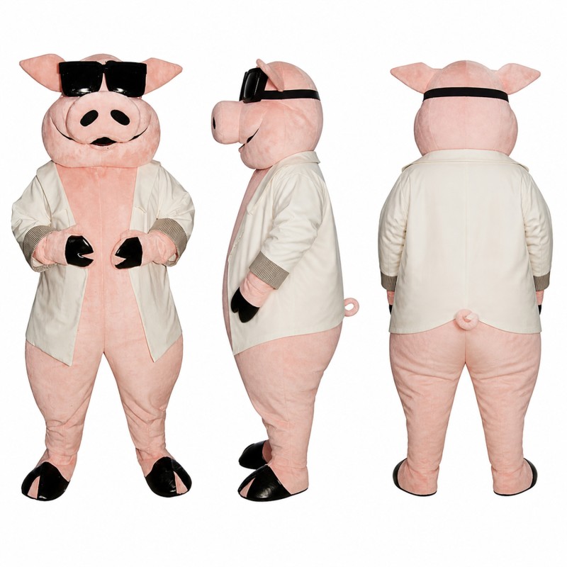 Scientist Pig Mascot Costume in Pink with White Lab Coat and Goggles Adult