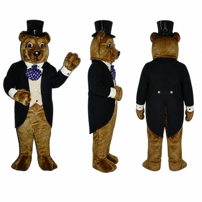 Ringmaster Bear Mascot Costume in Brown with Tuxedo and Top Hat Adult