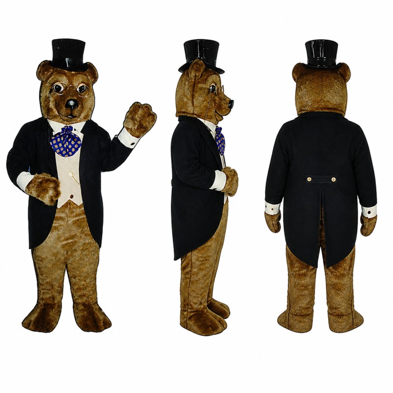 Ringmaster Bear Mascot Costume in Brown with Tuxedo and Top Hat Adult