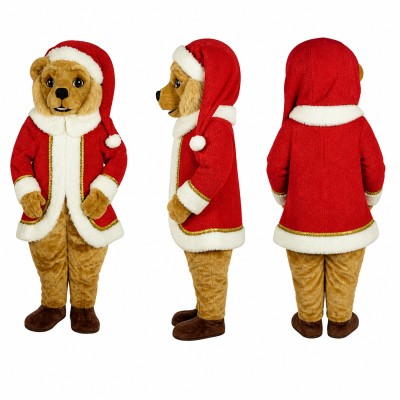 Bear Mascot Costume in Brown with Red Santa Coat Adult