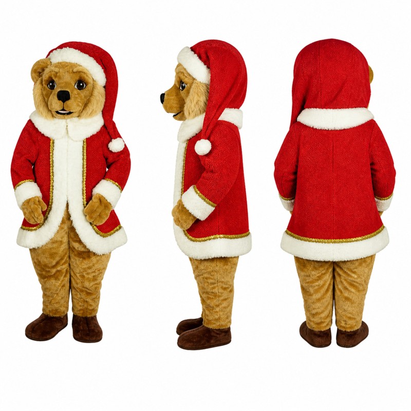 Bear Mascot Costume in Brown with Red Santa Coat Adult