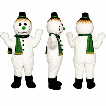 Snowman Mascot Costume in White with Green Scarf and Top Hat Adult