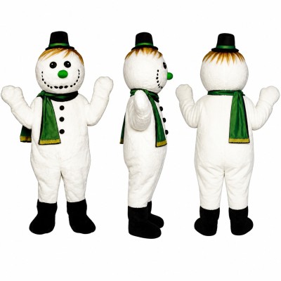 Snowman Mascot Costume in White with Green Scarf and Top Hat Adult