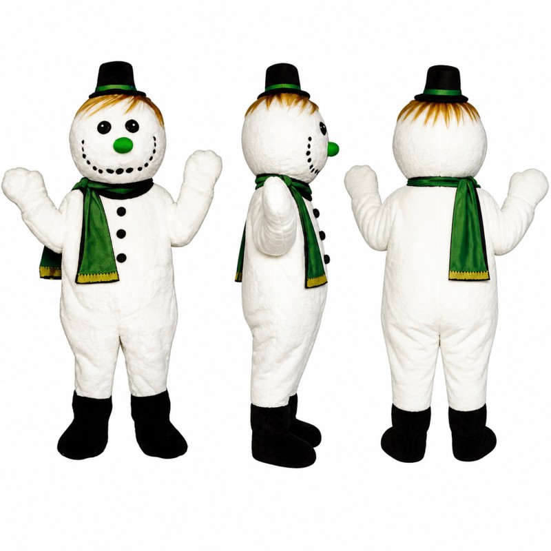 Snowman Mascot Costume in White with Green Scarf and Top Hat Adult