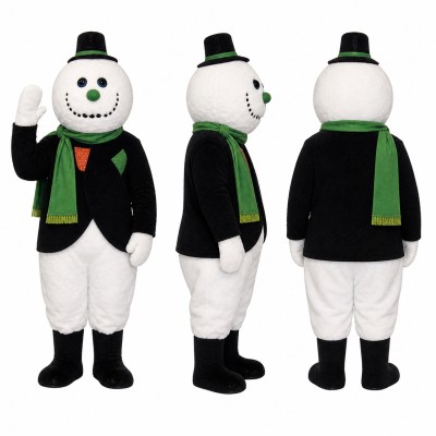Snowman Mascot Costume in White with Black Jacket and Green Scarf Adult