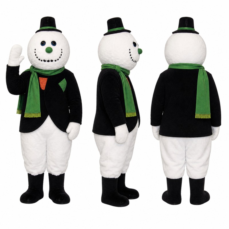 Snowman Mascot Costume in White with Black Jacket and Green Scarf Adult