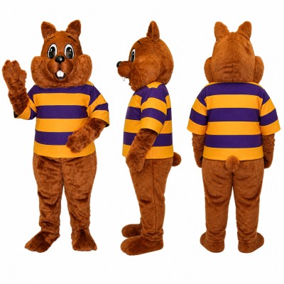 Squirrel Mascot Costume in Orange with Purple Striped Shirt Adult
