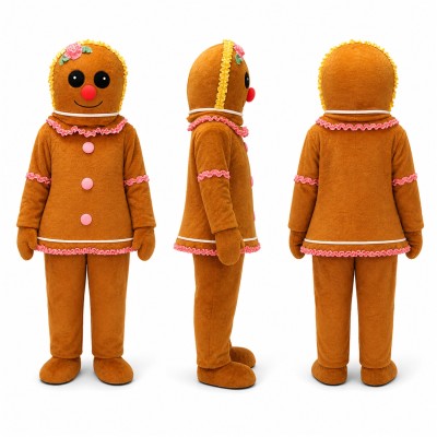 Gingerbread Man Mascot Costume in Orange with Pink Icing Adult