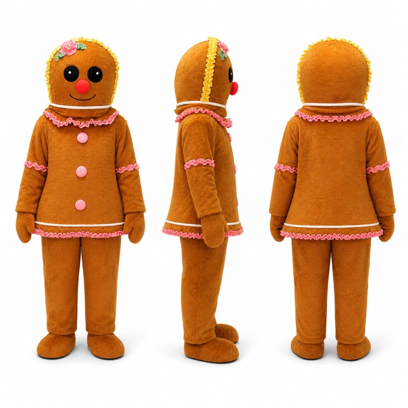 Gingerbread Man Mascot Costume in Orange with Pink Icing Adult