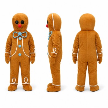 Gingerbread Man Mascot Costume in Brown with Blue Bow Tie Adult