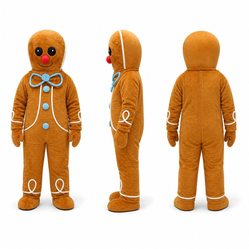 Gingerbread Man Mascot Costume in Brown with Blue Bow Tie Adult