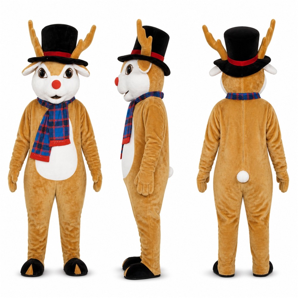 Reindeer Mascot Costume in Brown with Top Hat and Plaid Scarf Adult Reindeer Mascot Costume in Brown with Top Hat and Plaid Scarf Adult