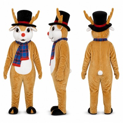 Reindeer Mascot Costume in Brown with Top Hat and Plaid Scarf Adult
