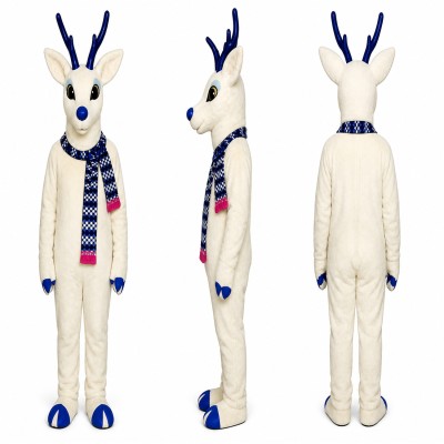 Reindeer Mascot Costume in White with Blue Antlers and Plaid Scarf Adult