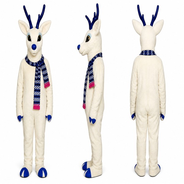 Reindeer Mascot Costume in White with Blue Antlers and Plaid Scarf Adult