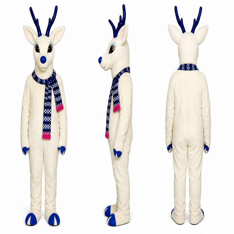 Reindeer Mascot Costume in White with Blue Antlers and Plaid Scarf Adult