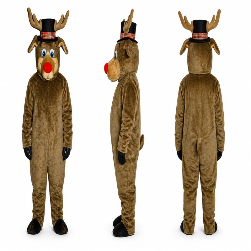 Reindeer Mascot Costume in Brown with Black Antlers and Red Nose Adult