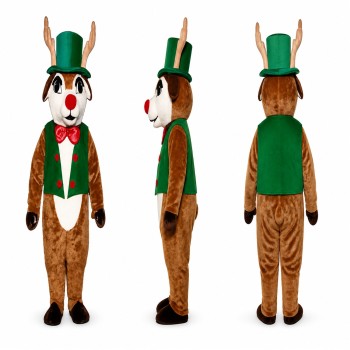 Reindeer Mascot Costume in Brown with Green Top Hat and Vest Adult