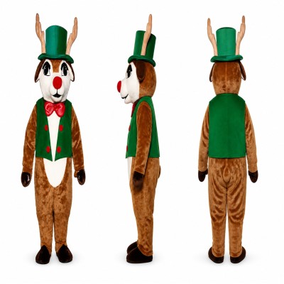 Reindeer Mascot Costume in Brown with Green Top Hat and Vest Adult