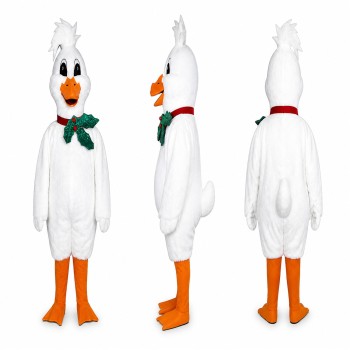 Duck Mascot Costume in White with Orange Feet and Green Bow Adult