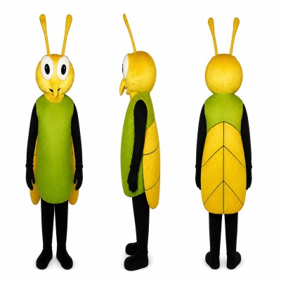 Grasshopper Mascot Costume in Green and Black with Yellow Face Adult