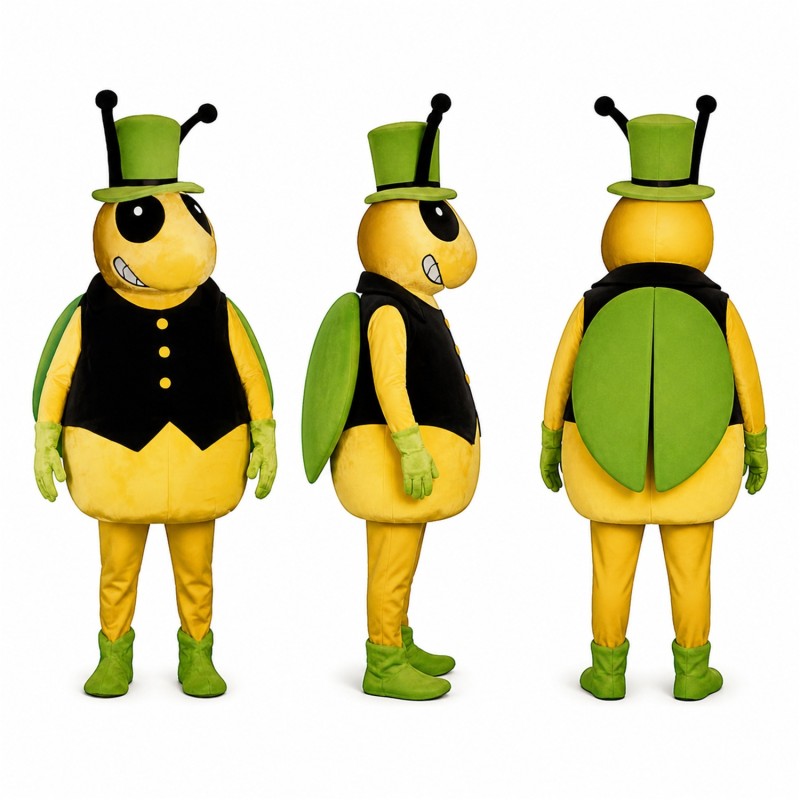 Bee Mascot Costume in Yellow and Black with Green Top Hat Adult