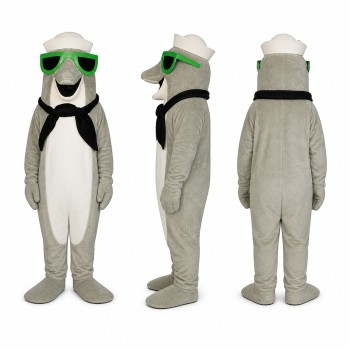 Dolphin Mascot Costume in Gray with Sunglasses and Black Bow Adult