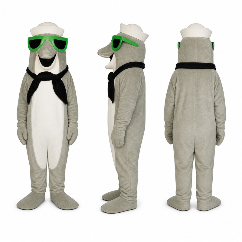 Dolphin Mascot Costume in Gray with Sunglasses and Black Bow Adult