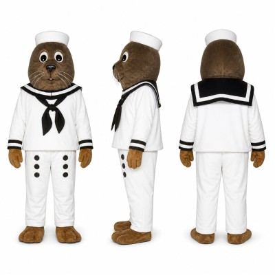 Sailor Seal Mascot Costume in Brown with White Uniform Adult