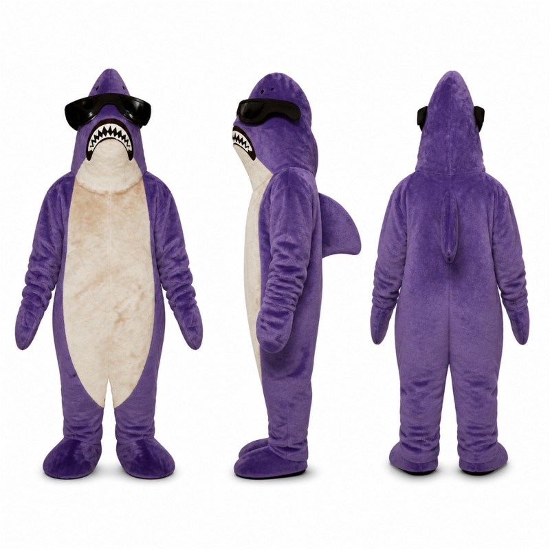 Shark Mascot Costume in Purple and Cream with Toothy Mouth Adult