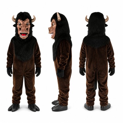 Bull Mascot Costume in Dark Brown with Black Mane Adult