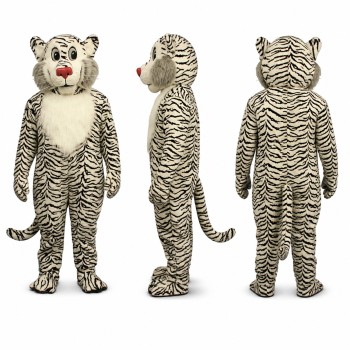 White Tiger Mascot Costume with Black Stripes and Pink Nose Adult