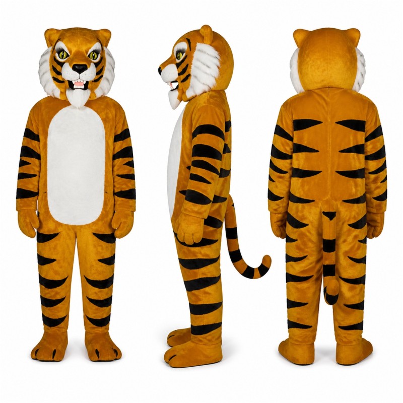 Tiger Mascot Costume in Orange with Black Stripes and White Belly Adult