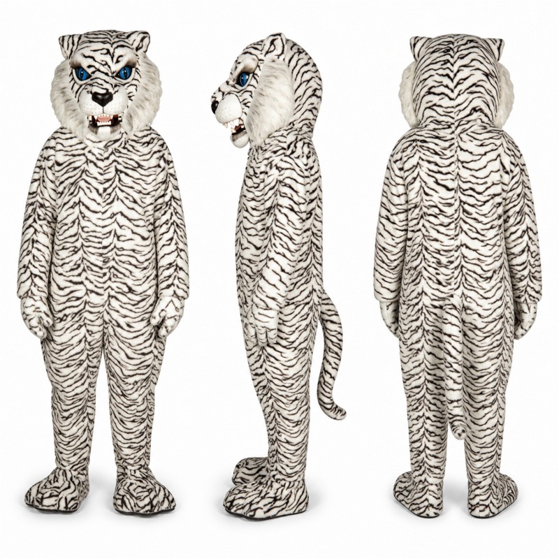 White Tiger Mascot Costume with Gray Stripes Adult